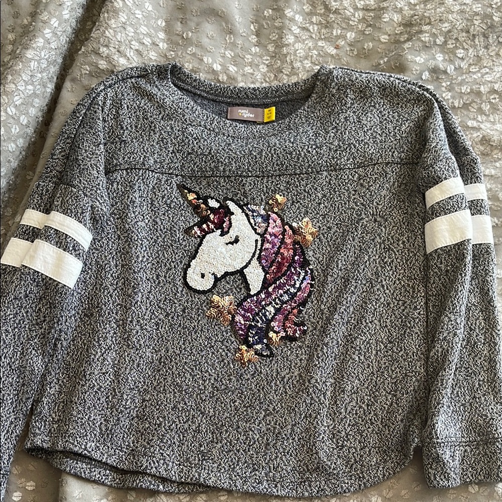💫 3 for $15 - Gray Sweatshirt with Unicorn Design and White Stripes